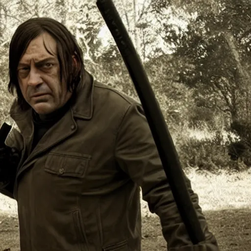 Image similar to cinematic still from the walking dead tv show with negan played by anton chigurh, anton is smirking and holding baseball bat, dark