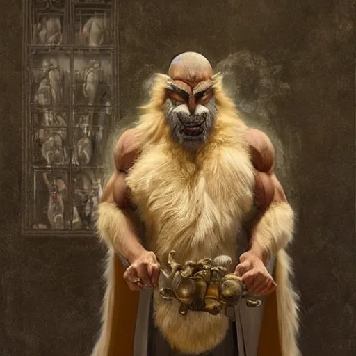 Prompt: wolf werewolf wolfman furry hairy fluffy bodybuilder wearing a monk robes holding incense burner. natural lighting by ruan jia, portrait