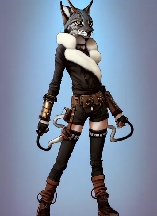 Prompt: wide angle beautiful full body portrait of a strong female anthropomorphic anthro lynx fursona wearing a steampunk leather shorts. from behind, character design by disney, anime, manga, charlie bowater, ross tran, artgerm, and makoto shinkai, detailed, soft lighting, rendered in octane, white fur, white face, lynx facial features