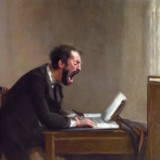 Image similar to an angry man yells at his computer monitor, oil on canvas, 1 8 8 3, highly detailed