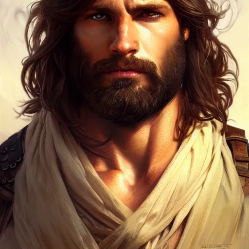 Image similar to Portrait of rugged male ranger, D&D, amber eyes, face, long hair, muscular, fantasy, intricate, elegant, highly detailed, digital painting, artstation, concept art, smooth, sharp focus, illustration, art by artgerm and greg rutkowski and alphonse mucha