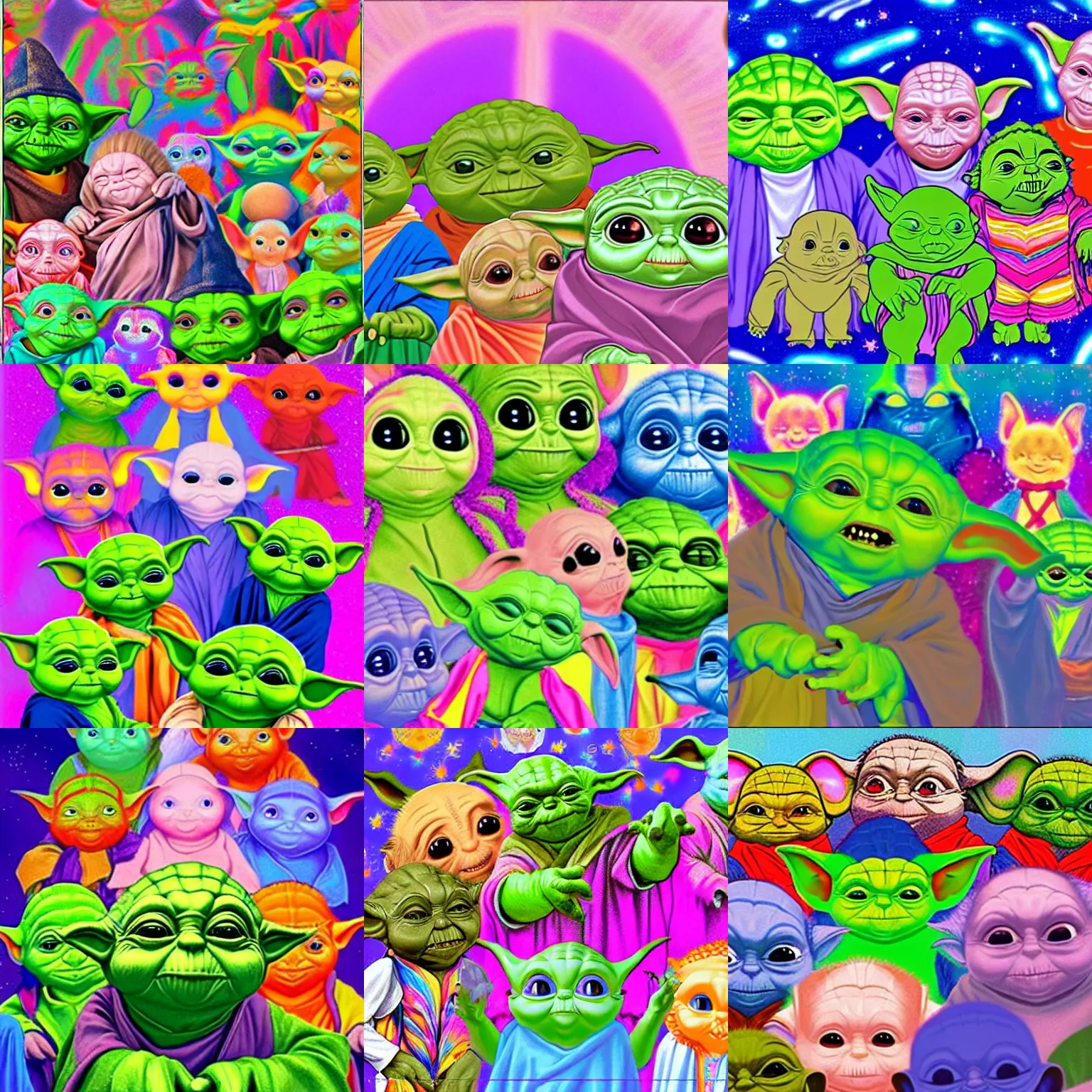 Prompt: a large group of baby yodas laughing together and looking at the camera illustrated by lisa frank, cute:2, yoda:-1