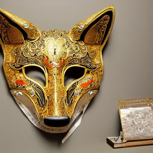 Image similar to an ornate fox mask, detailed with white and gold filagree and goldleaf decorative elements, sitting on a desk, painstaking detail, black lacquer, glossy shiny reflective, splashed with graffiti art