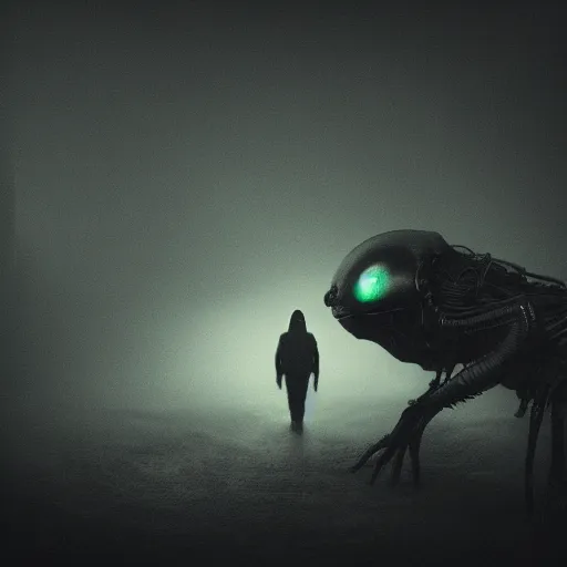 Image similar to a alien exploring earth gloomy, dark, foggy, night, ominous, dark color, atmospheric, cinematic lighting, intricate detail?