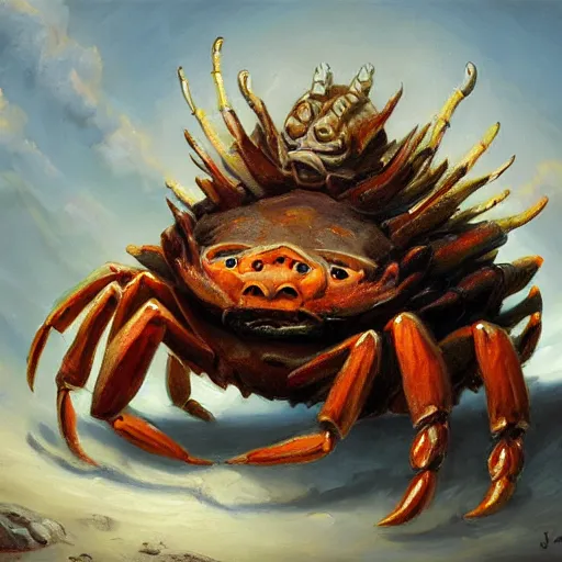 Image similar to crab - pig creature, oil painting by justin gerard