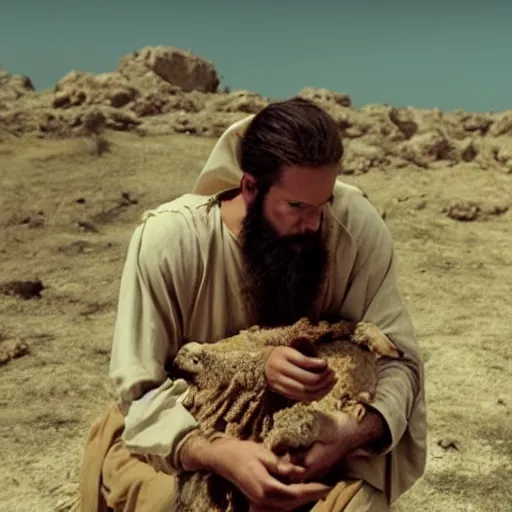 Prompt: cinematic still of depressed man with beard in ancient Canaanite clothing cradling a lamb, sad, anguished, somber, serious, directed by Terrence Malick