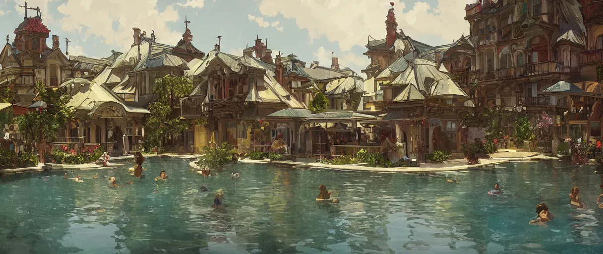 Prompt: seeing small town from swimming pool, east europe, highly detailed, digital painting, artstation concept art, smooth, sharp focus, artgerm, alphonse mucha, photorealistic