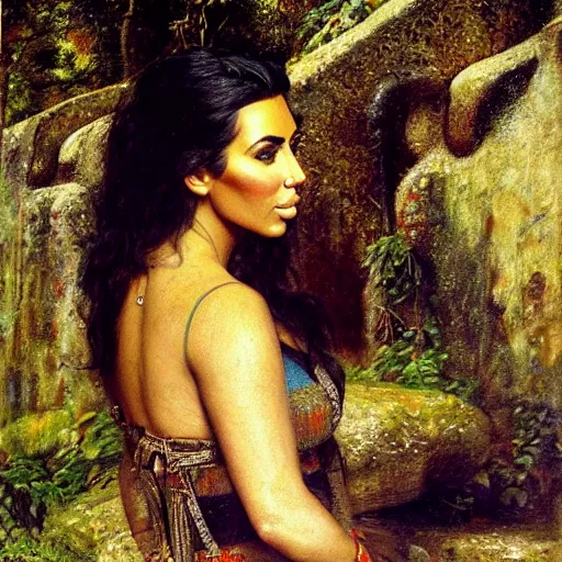 Prompt: detailed portrait of kim kardashian in mayan pyramid jungle ruins by john frederick lewis