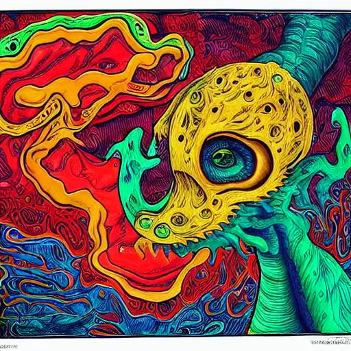 Prompt: madness creature, fluid, smooth, organic, crazy, bright, colours, tumours, high contrast, sharpness, dramatic, very detailed, intricate