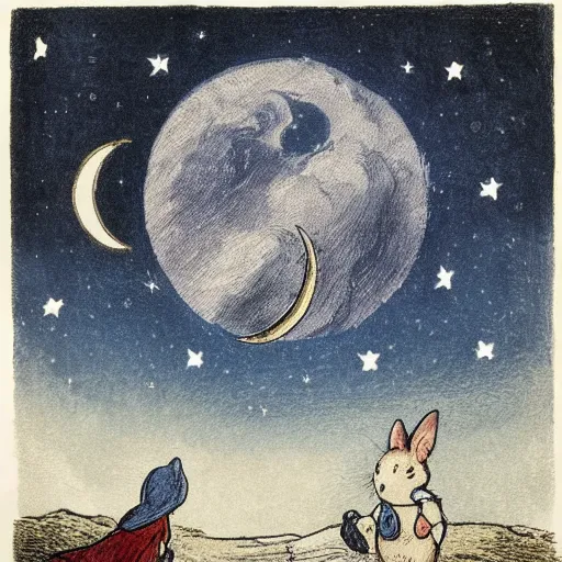 Image similar to night sky, stars, crescent talking moon smiling prominently in the center, surrounded by clouds, landscape, illustrated by peggy fortnum and beatrix potter and sir john tenniel