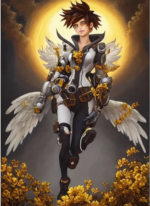 Prompt: full body oil painting of tracer overwatch in the style of sophie anderson, angel wings, angelic golden armor, dramatic painting, symmetrical composition, ornate, golden chains, high detail, gold detailed collar!!!!!, blooming, angelic, lights, flowers, heavenly, bright, detailed face,