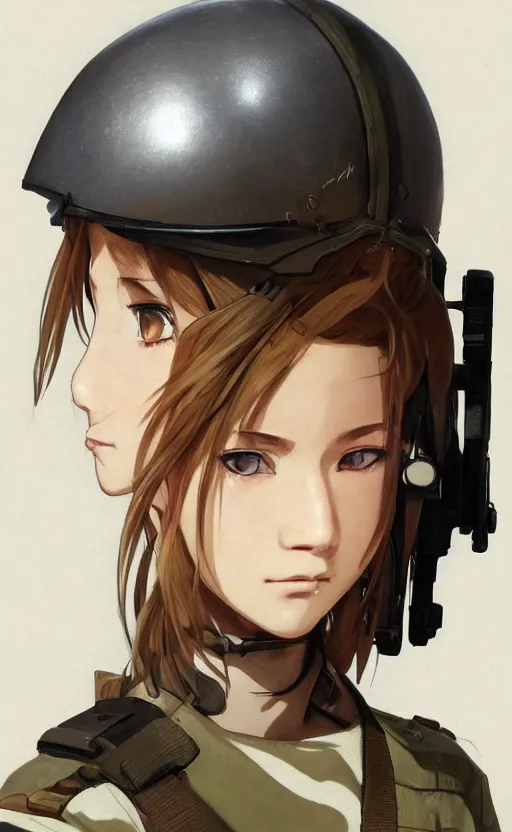 Image similar to side portrait of tanker girl, soldier clothing, combat helmet, anime style, short hair, hair down, symmetrical facial features, from arknights, hyper realistic, 4 k, rule of thirds, extreme detail, detailed drawing, trending artstation, hd, d & d, realistic lighting, by alphonse mucha, greg rutkowski, sharp focus, backlit