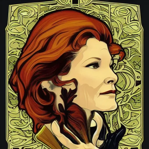 Image similar to star trek Captain Kathryn Janeway art nouveau, amazing details, intricate details ,insane details , in the style of Alphonse Mucha,