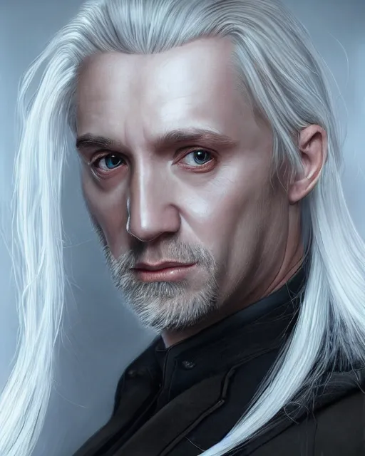 Image similar to portrait of 4 0 - year - old man with long white hair with a pale complexion, malfoy lucius, clear face, pointed face and grey eyes, hyper realistic face, beautiful eyes, character art, art by mark brooks, hyperdetailed, cryengine, trending on artstation, digital art