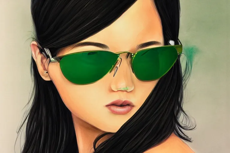 Prompt: 8k UHD, high detailed, Digital drawing, Randy Bishop art style : (subject = girl wearing Ray bans shades, photo realistic, high symmetry + subject detail= beautiful, Asian, green hair, high detailed)