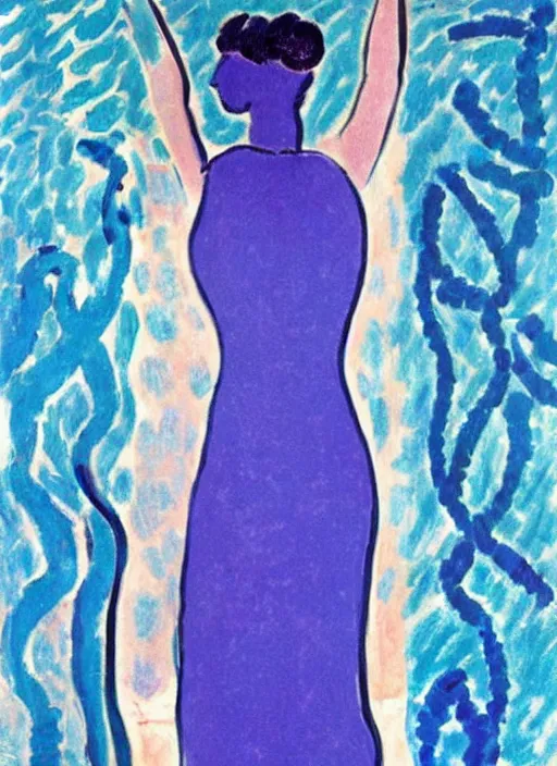 Prompt: empty long dress, floats underwater in the sea, art by henri matisse