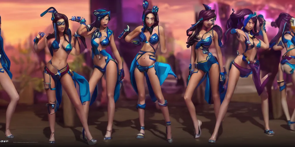 Image similar to rendered character sheet of of beautiful Pool party Caitlyn in the game League of Legends, unreal engine 53d trending on art station