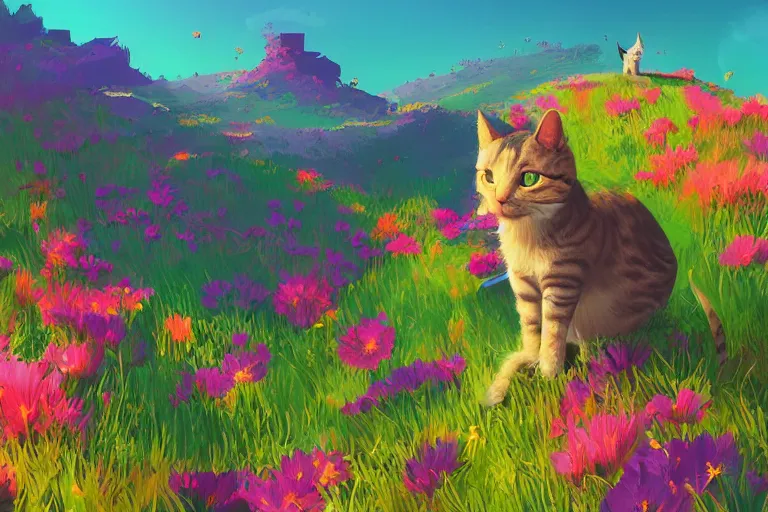 Image similar to a digital art of a cat standing on the top of the hill with flowers around in the afternoon, sunshine, cute, illustration, animal, light effect, highly detailed, by anton fadeev