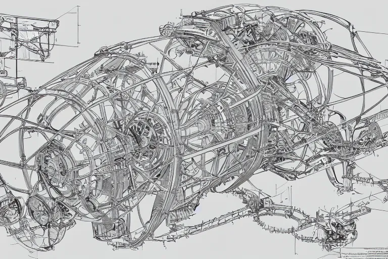 Image similar to aesthetically pleasant technical drawing of an open - source nuclear weapon machinery, hyperdetailed, complex, intricate, exploded view!!, 4 k, trending on artstation