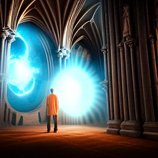 Prompt: wizard standing in front of a wormhole opening up inside a cathedral. fantasy. octane render.