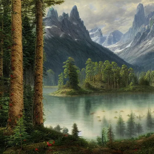 Prompt: a beautiful and highly detailed matte painting of an epic lush mountain range stretching into the distance, fir trees, pine trees, flowers, a lake in the distance, intricate details, epic scale, insanely complex, 8 k, sharp focus, hyperrealism, very realistic, by caspar friedrich, albert bierstadt, greg rutowski, james gurney, zeen chin,