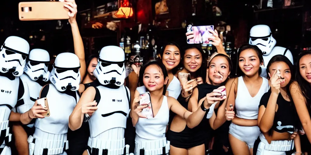 Prompt: storm trooper taking a selfie with a group of girls at a bar in bangkok thailand at night