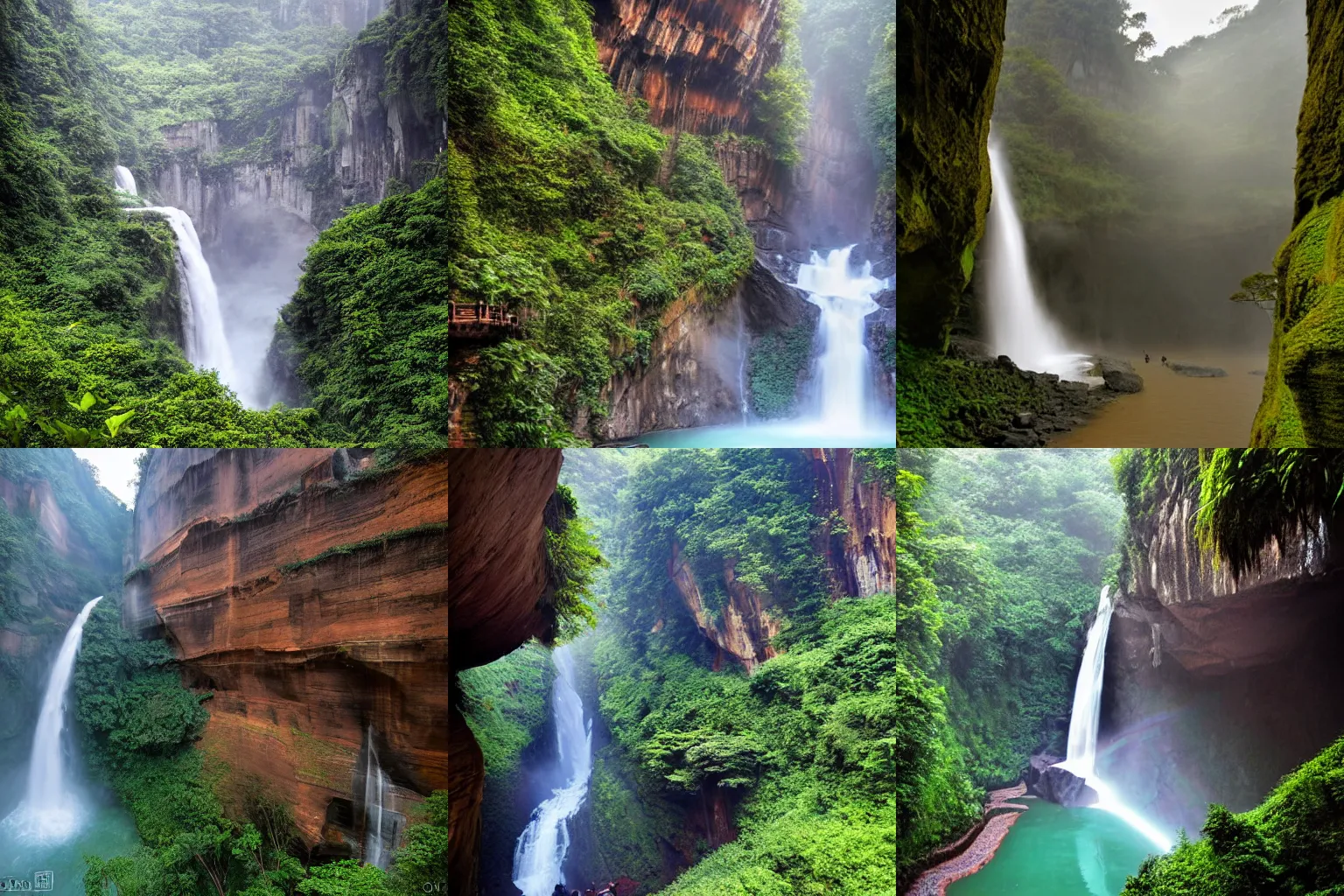 Prompt: establishing shot inside han son doong with waterfalls on either side of the cliff walls