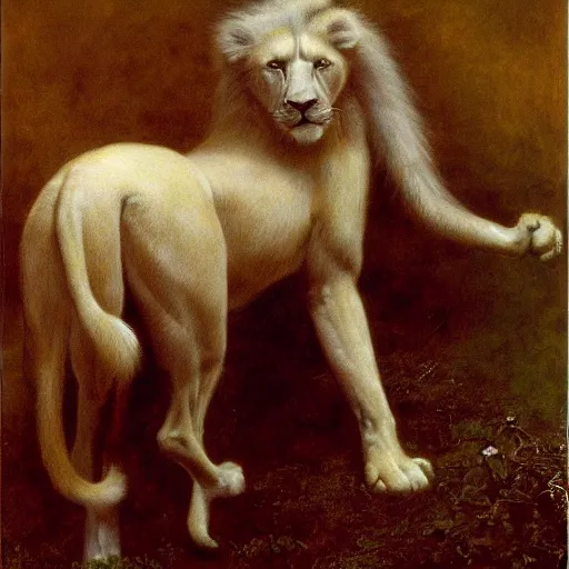 Image similar to award winning photo of muscular male albino anthropomorphic anthro furry white lion by george frederic watts