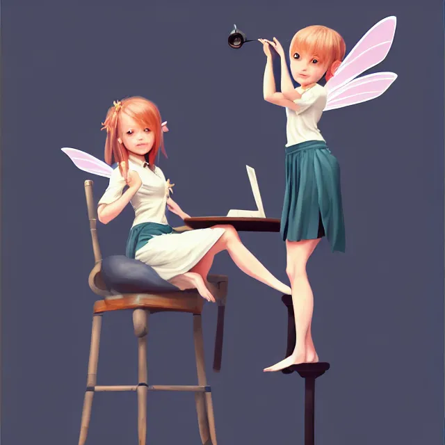 Image similar to epic professional digital art of a tiny fairy in a business shirt and skirt, sitting in an enormous chair at an enormous desk, best on artstation, cgsociety, wlop, Behance, pixiv, astonishing, impressive, outstanding, epic, cinematic, stunning, gorgeous, breathtaking fantasy art, masterpiece.