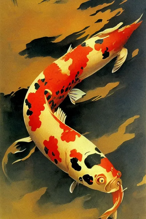 Prompt: a koi fish!!!! fighter robot by Frank Frazetta