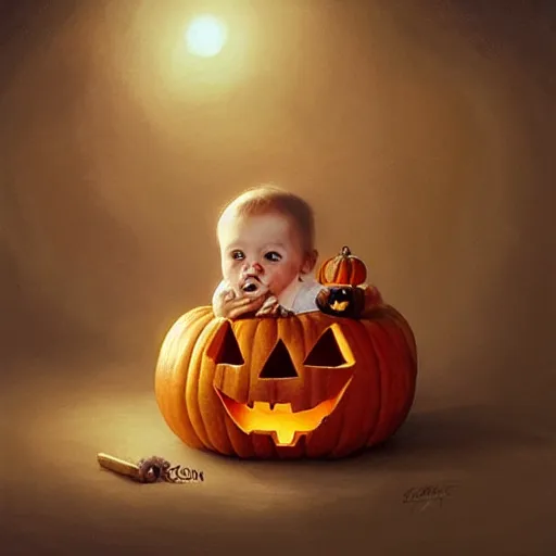 Prompt: a cute happy baby sitting inside a pumpkin. halloween themed painting by artgerm and greg rutkowski.