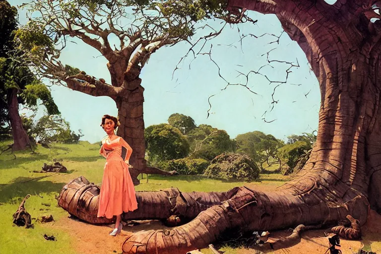 Image similar to 5 0 s pulp scifi illustration, space girl beside baobab tree on expansive english country lawn, by norman rockwell, morgan weistling, john berkey, earle bergey, craig mullins, ruan jia, chris foss, jeremy mann, tom lovell, tyler edlin, wadim kashin