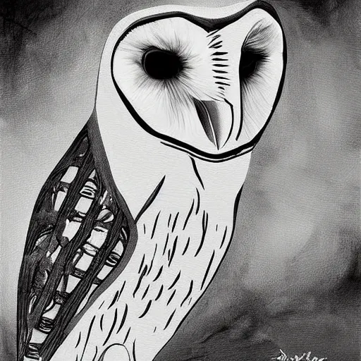 Image similar to a barn owl, digital art, stylized, dripping paint, black and white, concept art, painting