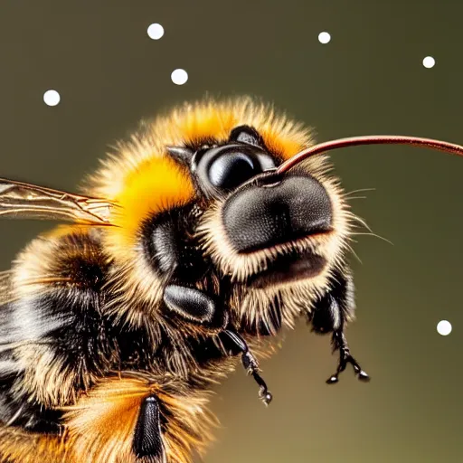 Prompt: macro photography of a bee landing on a high detailed dog's nose. pollen on the nose. bokeh. contest winning photography. 8 k. hyper - realistic