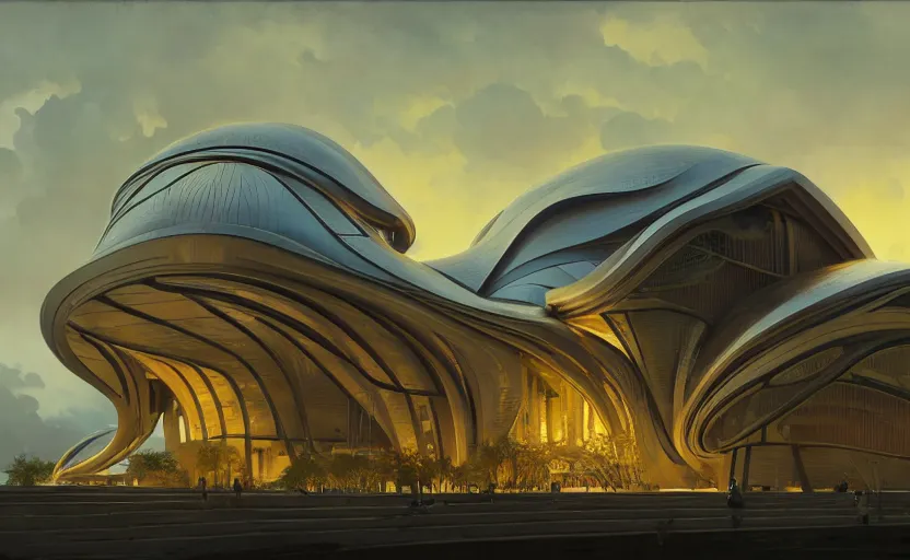 Image similar to exterior shot of utopian architecture building with cinematic lighting by zaha hadid and renzo piano, darek zabrocki and greg ruthkowski, alphonse mucha, simon stalenhag, cinematic, holy place, paradise, scifi, futurism, atmospheric, sunset, concept art, artstation, trending on artstation