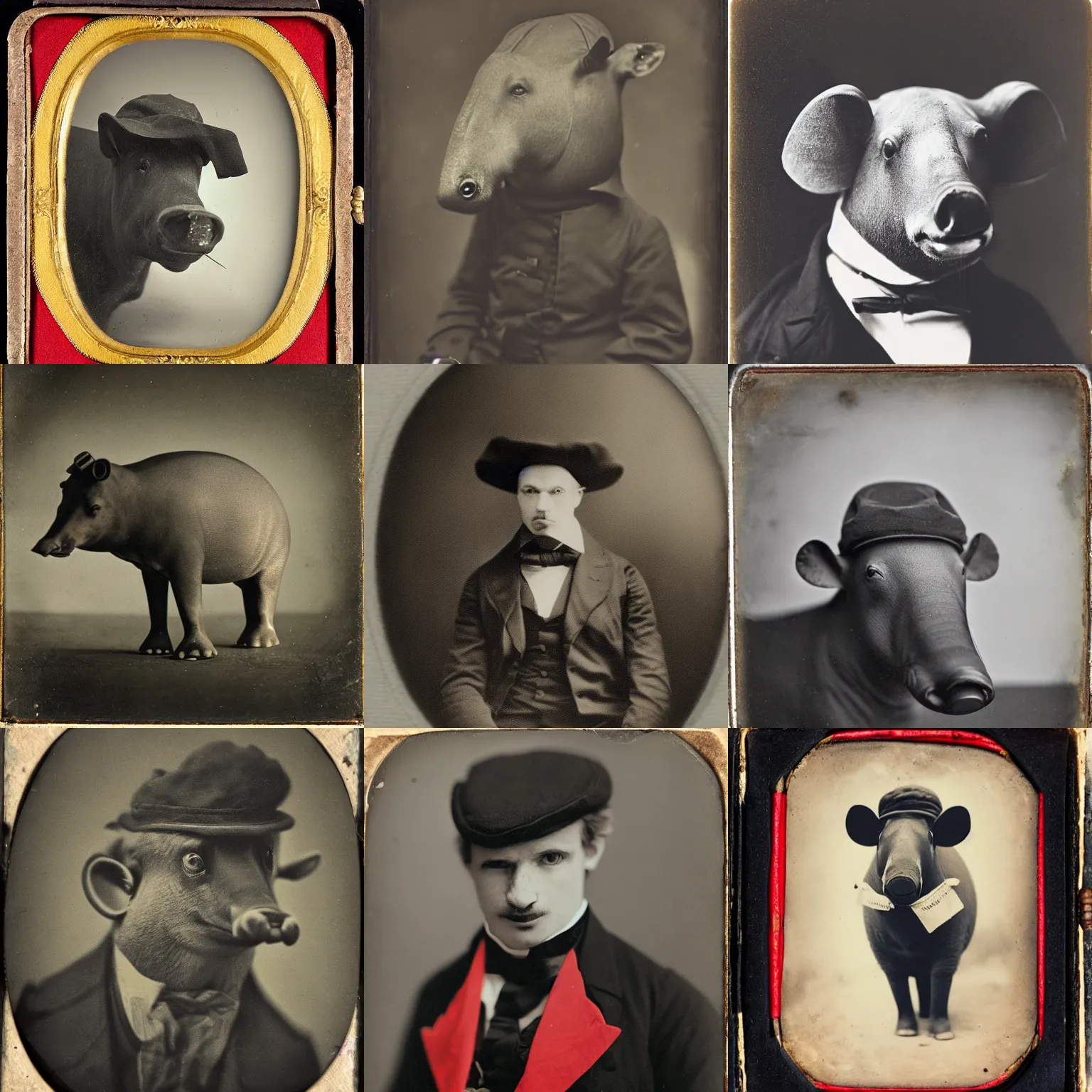 Prompt: a daguerreotype style photograph of a tapir that is wearing a flat cap and a red tie.