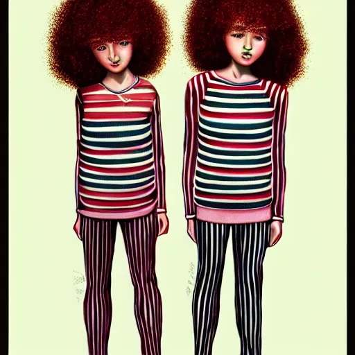 Prompt: red curly haired twins wearing striped clothes:: by Casey Weldon:: ornate, dynamic, particulate, pastel colors, intricate, elegant, highly detailed, centered, artstation, smooth, sharp focus, octane render, 3d