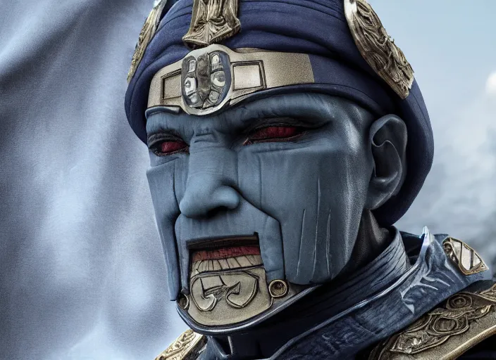 Image similar to menacing general wearing a white imperial general uniform, his skin is blue, ultra realistic, 4 k, movie still, uhd, sharp, detailed, cinematic, render, modern