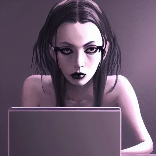 Prompt: skinny goth computer geek sitting in a dark room in front of a computer screen, highly detailed, digital painting, artstation, concept art, soft light, sharp focus, illustration