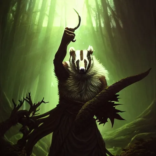 Prompt: Badger druid, spell, magic the gathering artwork, D&D, fantasy, cinematic lighting, centered, symmetrical, highly detailed, digital painting, artstation, concept art, smooth, sharp focus, illustration, volumetric lighting, epic Composition, 8k, art by Akihiko Yoshida and Greg Rutkowski and Craig Mullins, oil painting, cgsociety