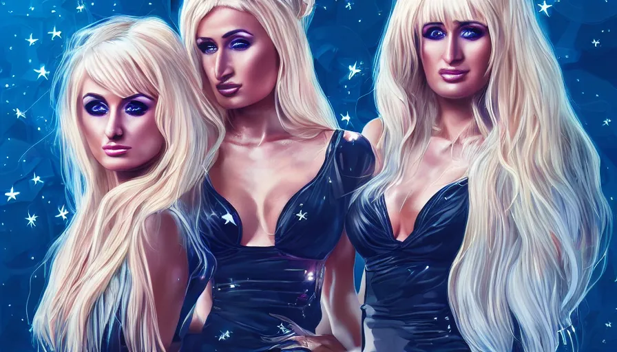 Prompt: Kim Petras and Paris Hilton written in the stars, hyperdetailed, artstation, cgsociety, deviantart 8k