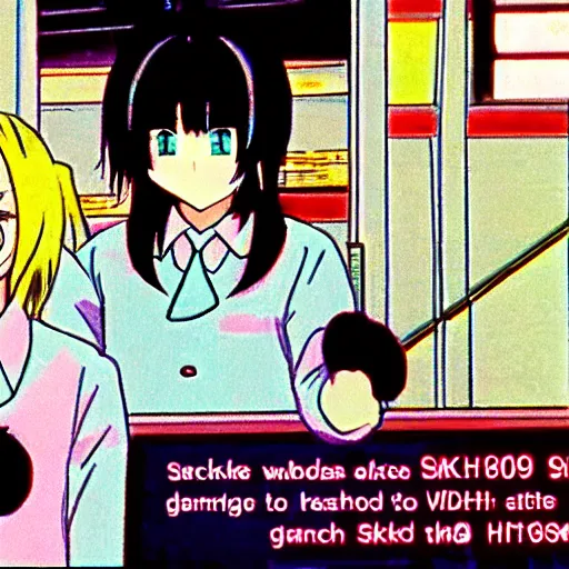 Image similar to screenshot from the anime saki sanobashi, go for a punch anime, 8 0's horror anime, yellowed grainy vhs footage with noise, schoolgirls in a bathroom, closeup of girl has white hair