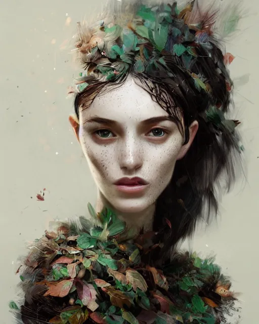 Prompt: olivia wearing an outfit made from tree branches, half body portrait, 3 d animation, black hair, freckles, pale skin, photo by greg rutkowski, risque fashion, femalev beauty, intricate detail, elegance, sharp shapes, soft lighting, vibrant colors, masterpiece