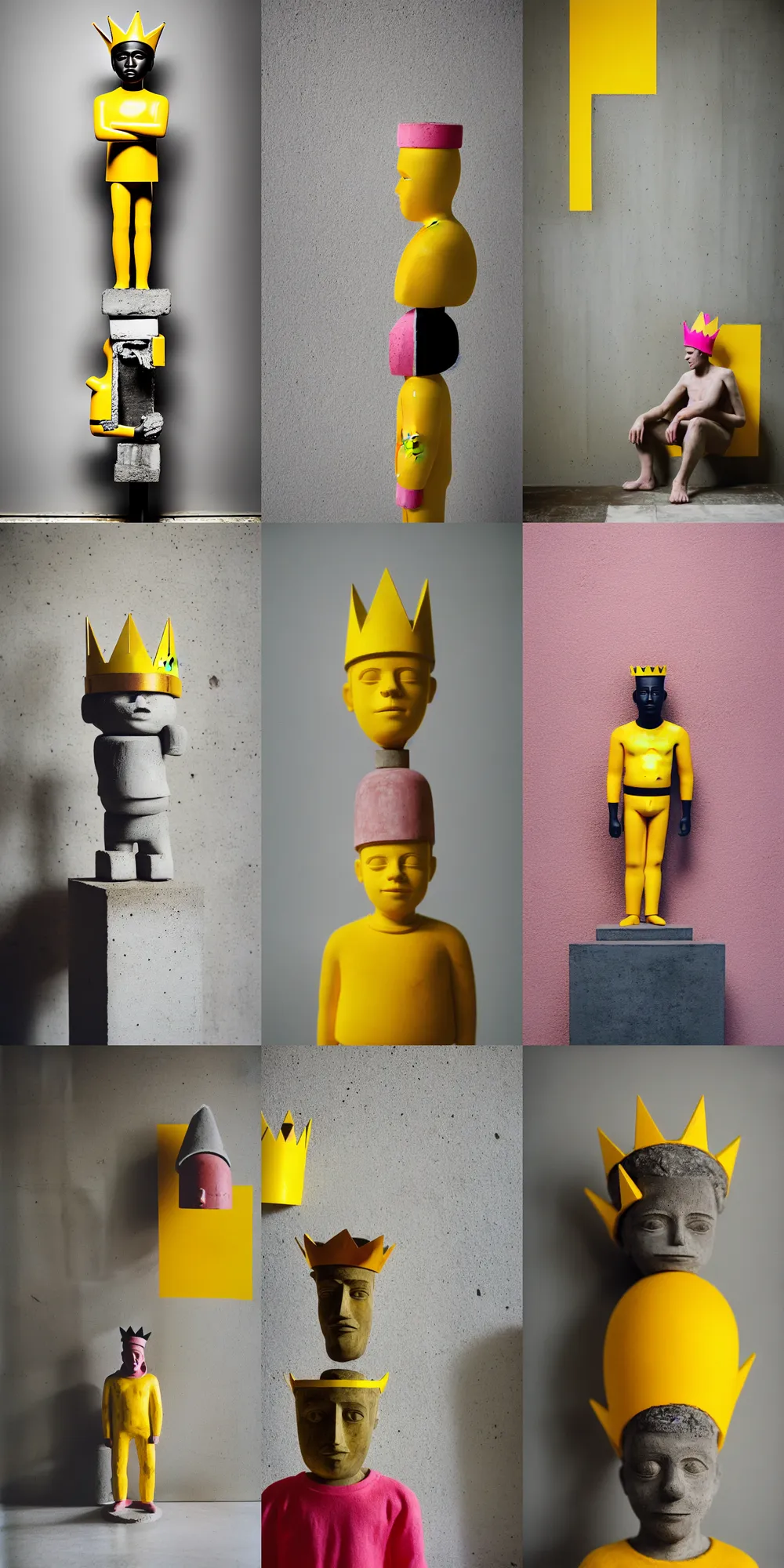 Image similar to kodak portra 4 0 0, 8 k, shot of a highly detailed, britt marling style, colour still - life portrait of a large minimalistic room, rough concrete walls, the wooden statue of a yellow black striped little man with pink crown on his head