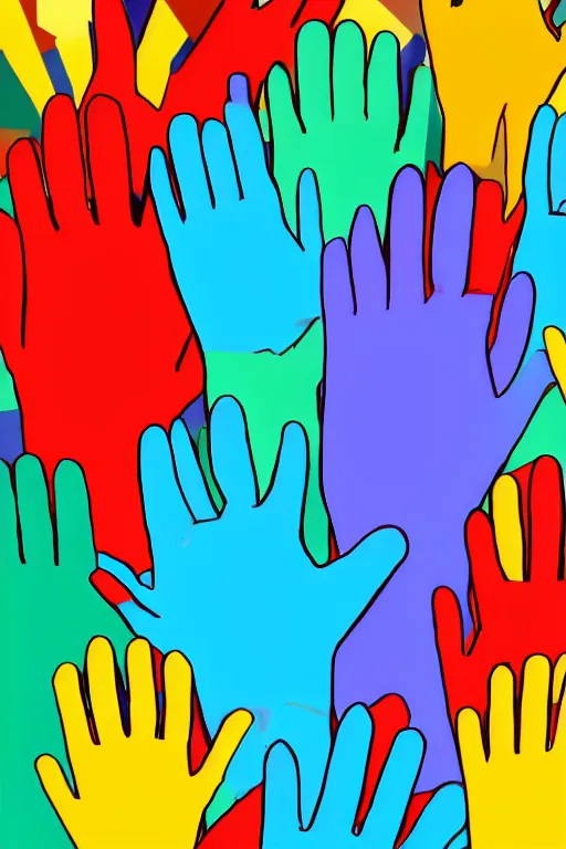 Prompt: An illustration of many colored hands from before reaches above for a blaze for all