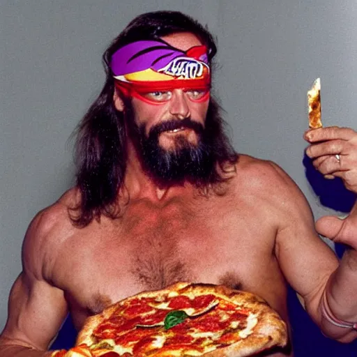 Prompt: macho man randy savage rubbing pizza over his muscled chest