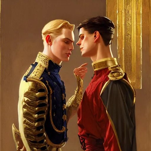 Image similar to attractive fully clothed king confesses his love for his attractive fully clothed male prince. highly detailed painting by j. c. leyendecker, craig mullins, tom bagshaw,