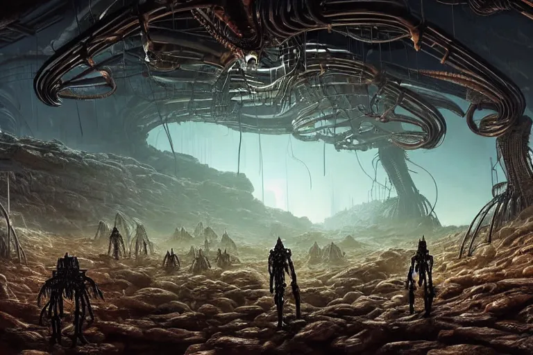 Image similar to Epic science fiction cavescape. In the foreground is soldiers in battle-armor searching, in the background alien machinery and alien eggs. The skeleton of a gigantic alien machine creature is between them. Stunning lighting, sharp focus, extremely detailed intricate painting inspired by H.R. Giger and Simon Stalenhag
