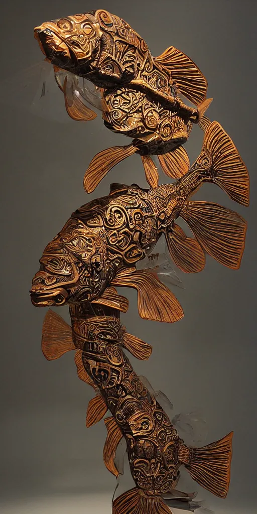 Image similar to animal fish machine sci - fi totem, carved from wood metal and translucent plastic, intricate details, tribal designs, cinematic, volumetric lighting