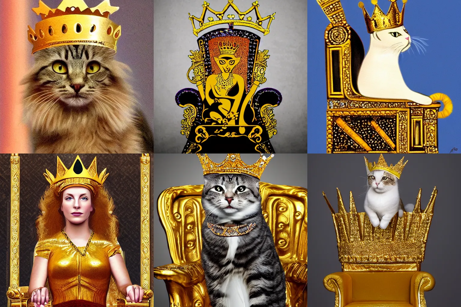 Prompt: queen cat with a golden crown on the throne